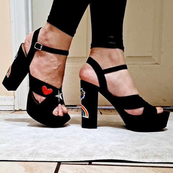 MY delicious shoes Shoes - Black Denim Patched Open Toe Ankle Strap BlockHeel